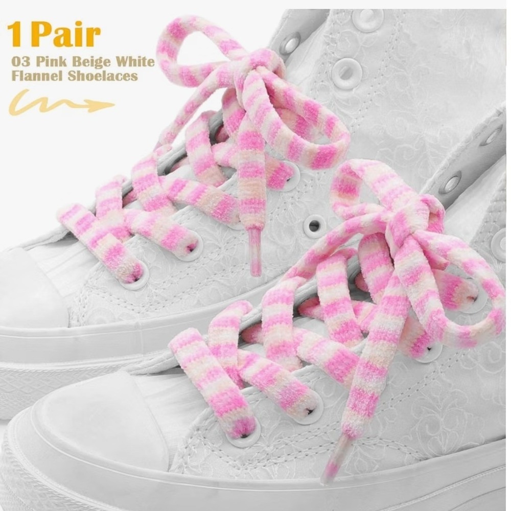 DELELE Pink White Striped Fuzzy Shoelaces Soft Plush Flannel Flat Laces 1 Pair - Picture 2 of 6